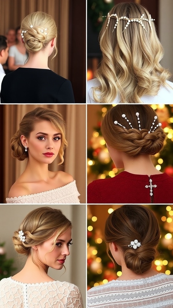 Elegant Christmas hairstyles with pearls displayed on models in festive outfits.